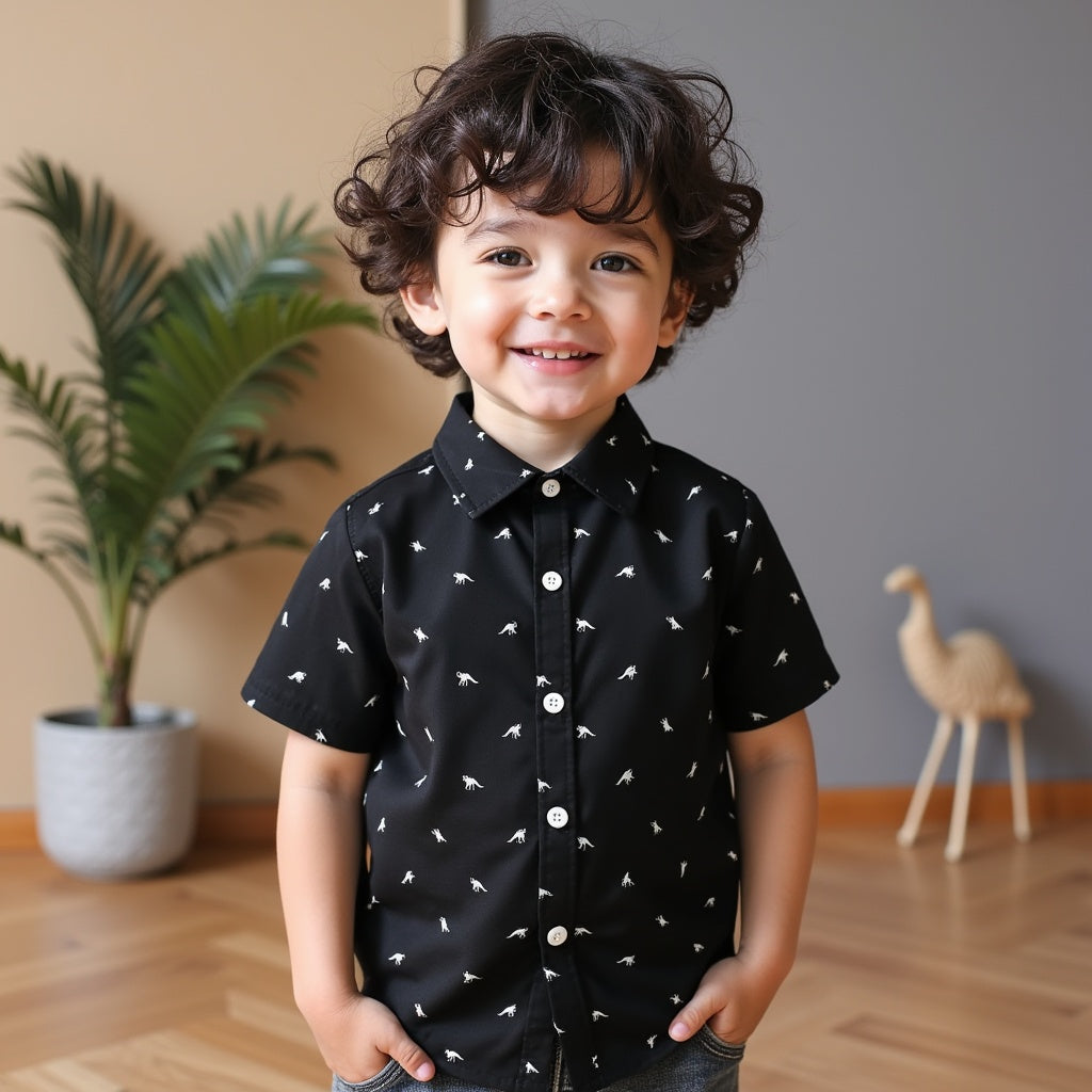 Black Kids' Short-Sleeve Printed Shirt with White Dino Patterns - Stylish & Comfortable