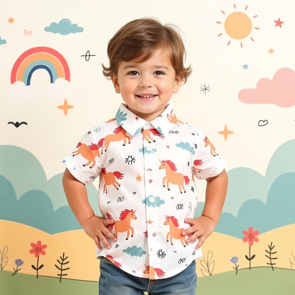 Shinydots Boys Unicorn Graphics Print Short Sleeve Button Down Shirt - Fun & Stylish Summer Vacation | Regular Wear