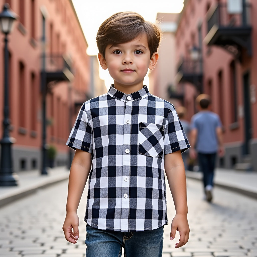Classic Black & White Checkered Kids South Cotton Shirt - Short Sleeve Plaid Cotton Comfort