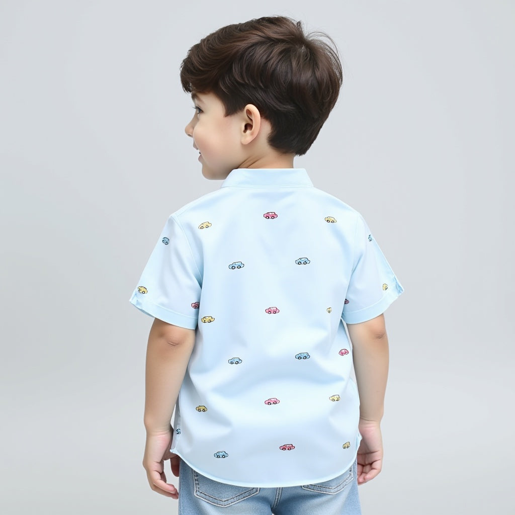 Shinydots Kids Boys Motor Car Print Sky Blue Short Sleeve Mandrian Collar Shirt