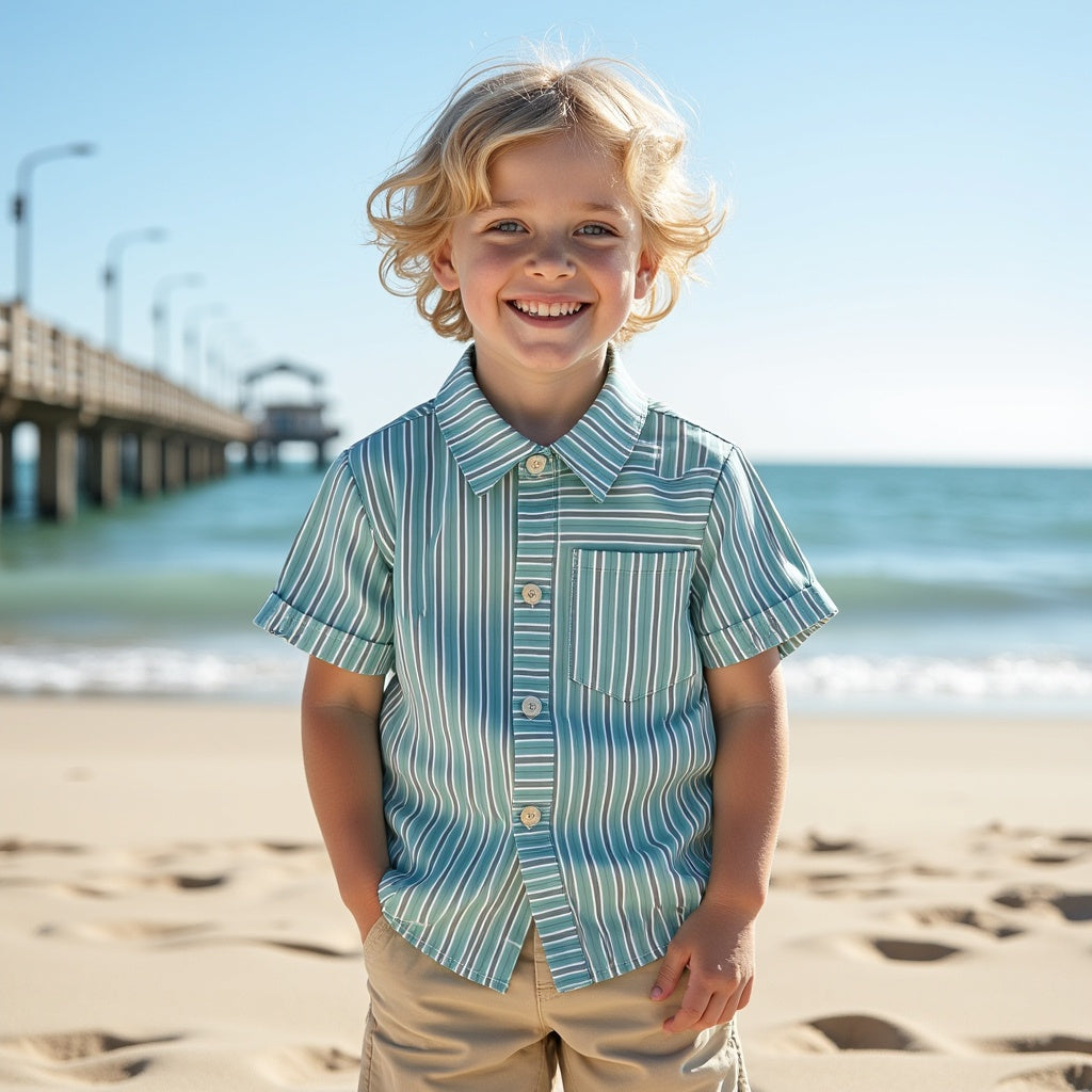 Shinydots Cotton Blend Green Lining Casual Wear Short Sleeve Shirt For Boys