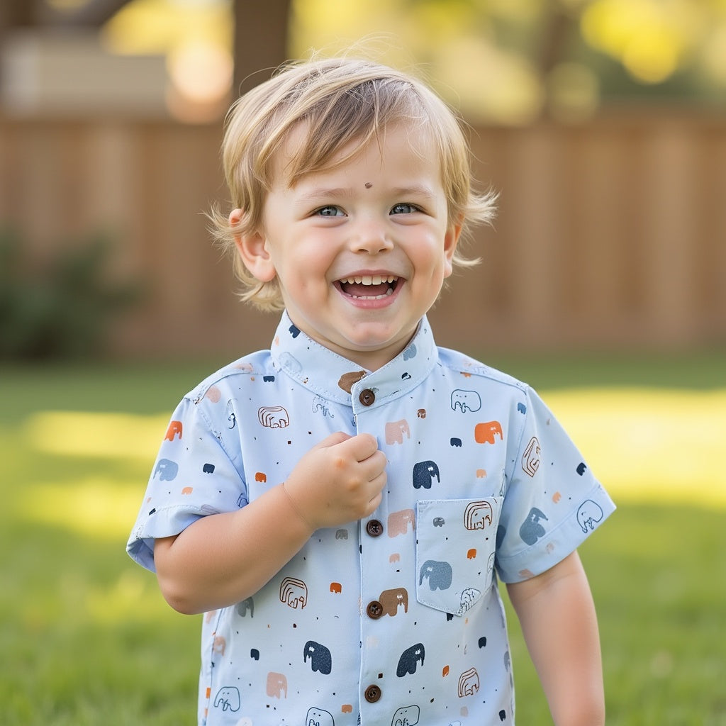 Shinydots Adorable Elephant Graphic Print Mandarin Collar Kids Chest Pocket Short Sleeve Shirt – Soft & Stylish | Skyblue & Off White