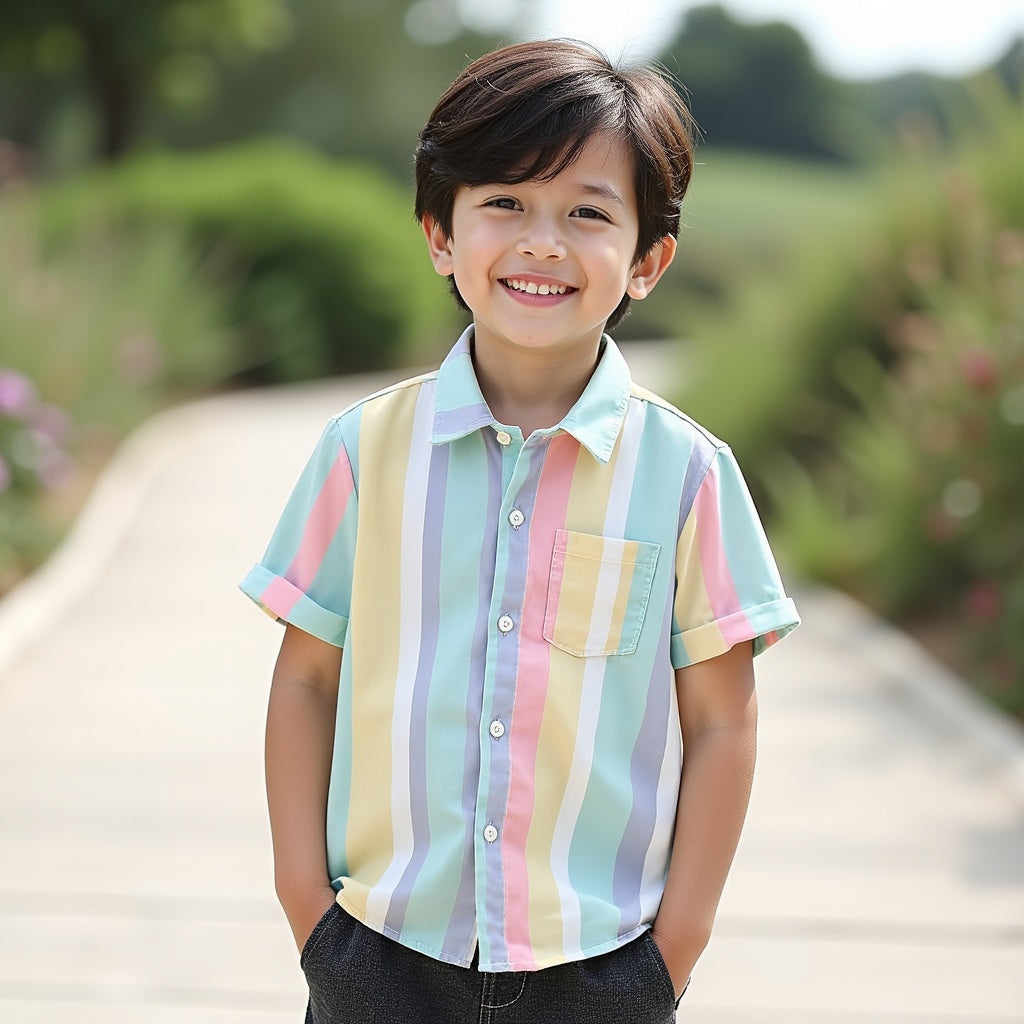 Multicolor Striped Cotton Blend Baby Boys Short Sleeve Chest Pocket Shirt For Regular Wear By Shinydots