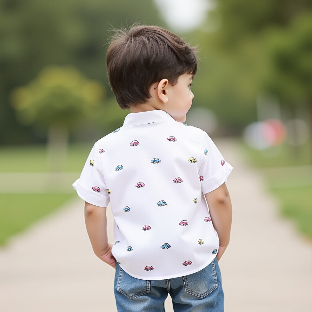 Shinydots Kids Boys Motor Car Print Short Sleeve Mandrian Collar Shirt