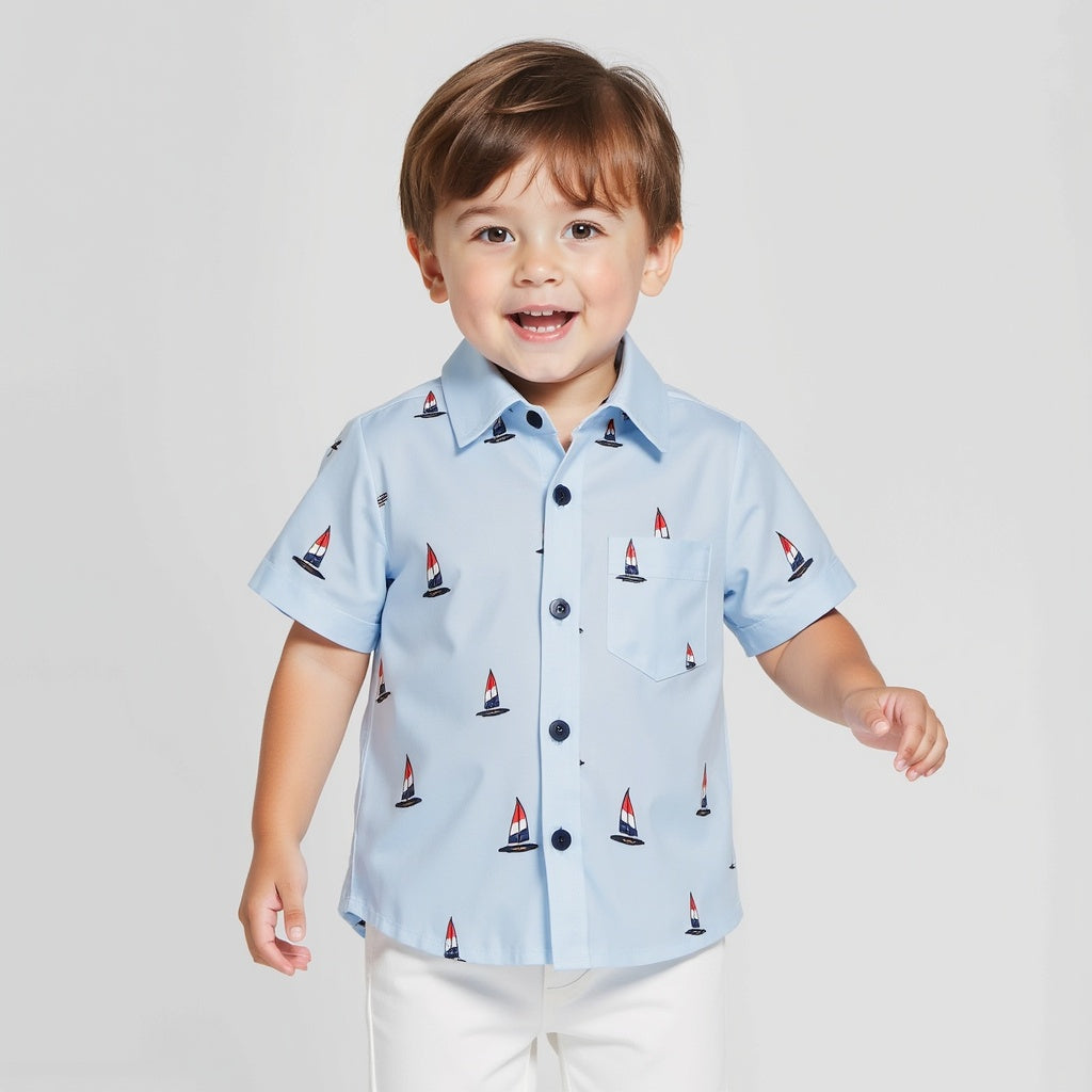 Nautical Sailboat Print Kids' Skyblue Shirt - Stylish & Comfortable Summer Wear for Boys | Shinydots