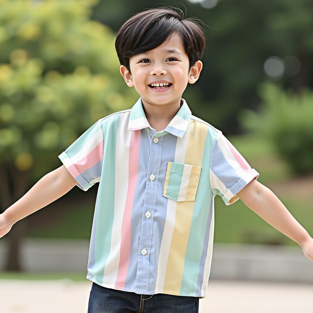 Multicolor Striped Cotton Blend Baby Boys Short Sleeve Chest Pocket Shirt For Regular Wear By Shinydots